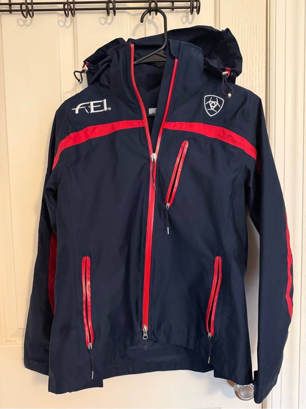 Ariat Navy and Red FEI Logo Hooded Softshell Jacket